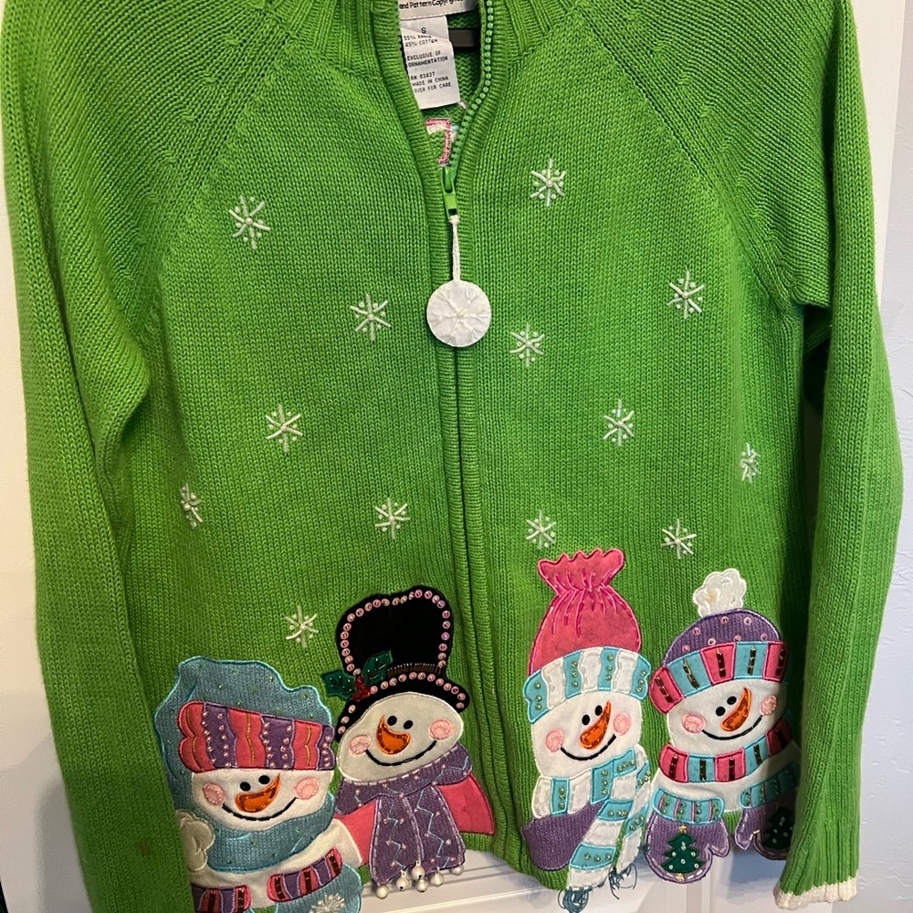 VTG Tiara International Zip Up Green Cardigan S Christmas Snowman Whimsy